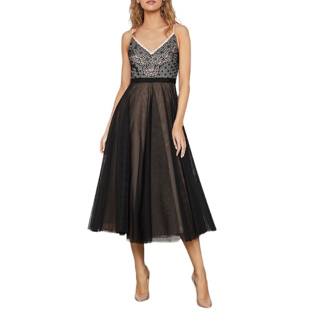 BCBGMAXAZRIA Black Pink Floral Lace Tulle Midi Dress Medium